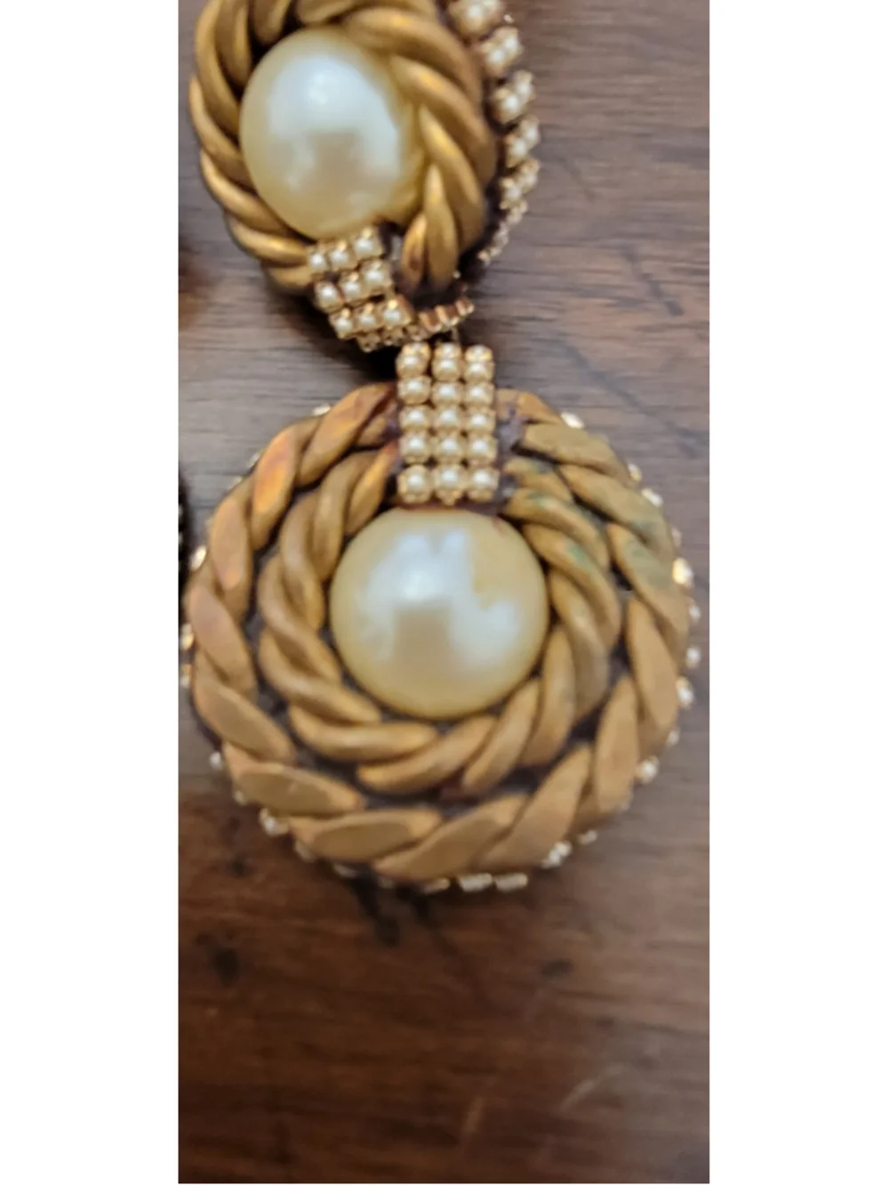 Vintage Faux Pearl Rhinestone Rope Swirl Clip On Statement Earrings Gold Tone